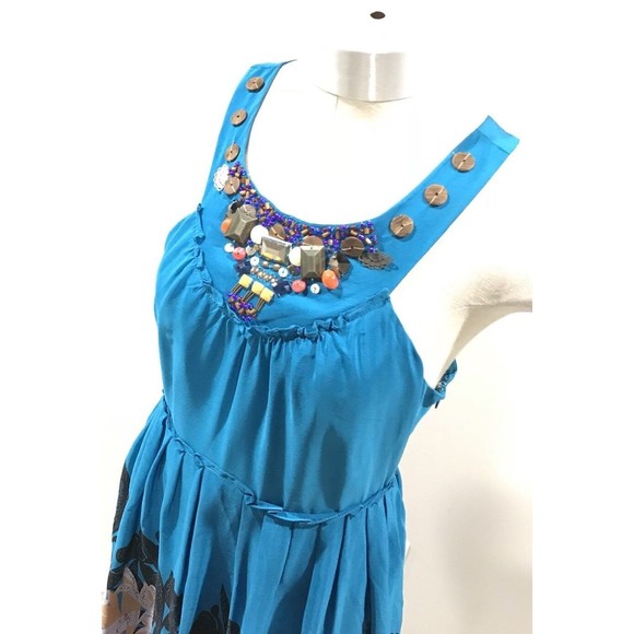 Moulinette Soeurs Anthropologie 2 summer Turquoise Dress silk Midi Beads - Picture 1 of 7